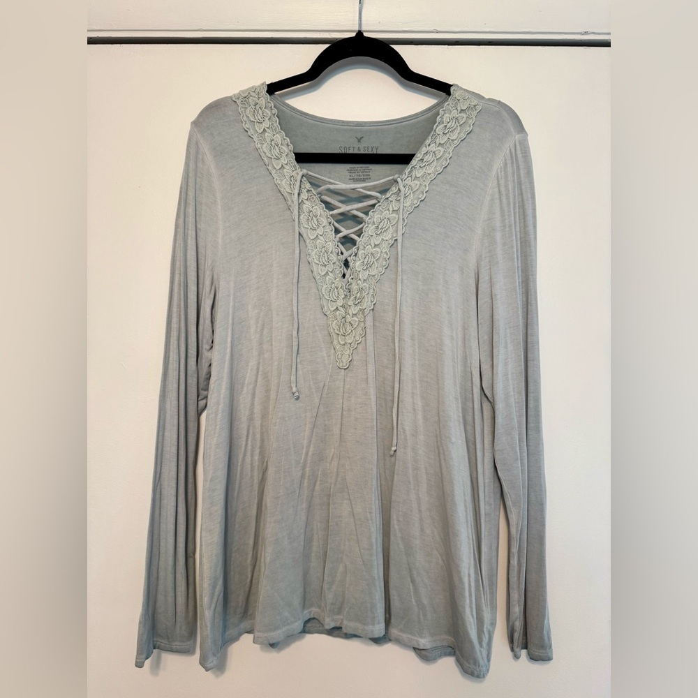 American Eagle Outfitters Green Gray Lace-Up Long Sleeve